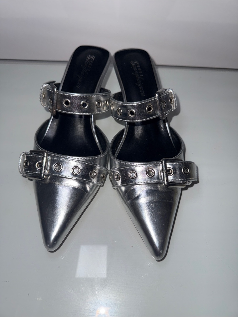 Metallic Silver Pointed Buckle Mules for Women